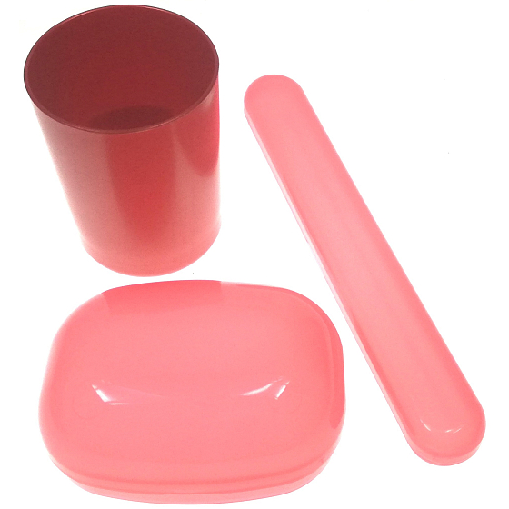 Plastic Nova Toaletný sáčok súprava - cestovná toaletná sada červená, téglik, puzdro na kefku a mydlo 3 kusy