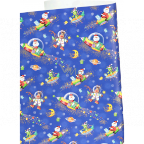 Zoewie Darčekový baliaci papier 70 x 200 cm Bambini tmavomodrý - Santa na rakete, sob, mesiac