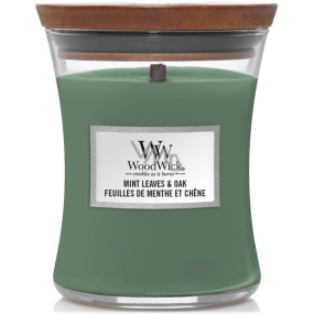 WoodWick Mint Leaves & Oak vonná sviečka s dreveným knôtom a viečkom sklenená stredná 275 g