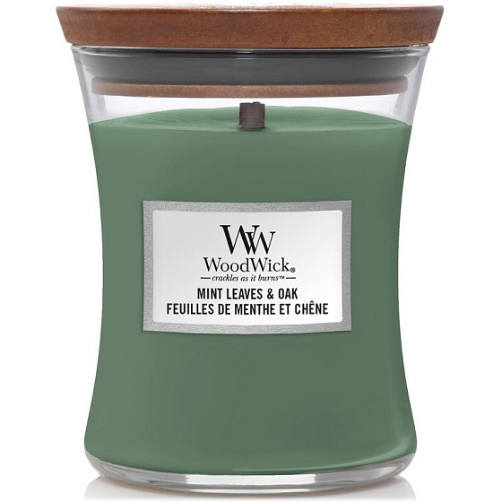 WoodWick Mint Leaves & Oak vonná sviečka s dreveným knôtom a viečkom sklenená stredná 275 g