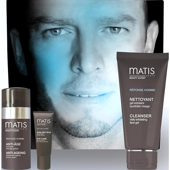 Matis Paris Pour Homme Réponse Anti-Age Active Cream 50 ml + Eye Reviving Gel 15 ml + Daily Exfoliating Face Gel 50 ml, kozmetická sada