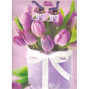 Nekupto Darčeková papierová taška 32,5 x 26 x 13 cm Fialové tulipány 1372 30 KFL