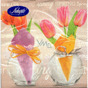 Nekupto Papierové obrúsky 3 vrstvové 33 x 33 cm 20 kusov Veľkonočné Tulipány vo vázičce, nápis Spring