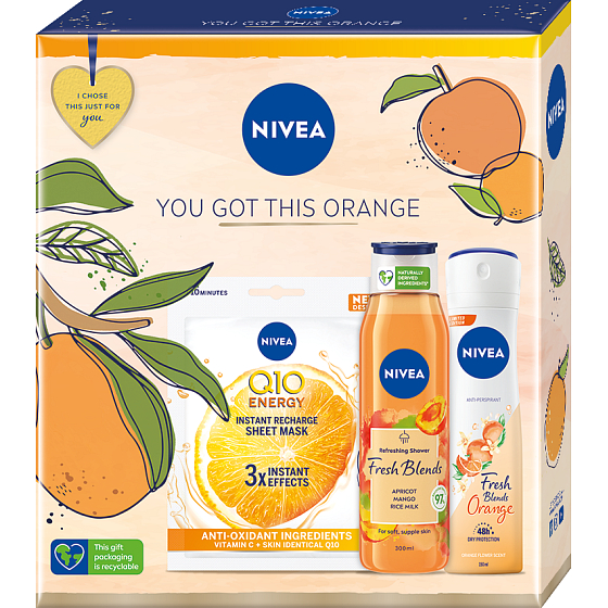 Nivea You Got This Orange Q10 Energy textilná maska na tvár 1 ks + Fresh Blends Apricot sprchový gél 300 ml + Fresh Blends Orange antiperspirant deodorant v spreji 150 ml, kozmetická sada pre ženy