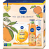 Nivea You Got This Orange Q10 Energy textilná maska na tvár 1 ks + Fresh Blends Apricot sprchový gél 300 ml + Fresh Blends Orange antiperspirant deodorant v spreji 150 ml, kozmetická sada pre ženy