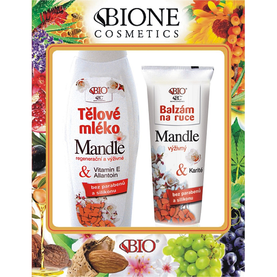 Bion Cosmetics Mandle regeneračné a výživné telové mlieko 500 ml + výživný balzam na ruky 200 ml, kozmetická sada