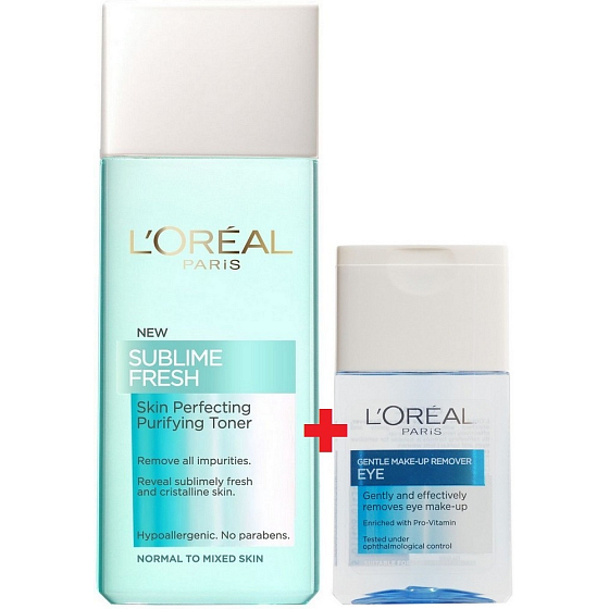 Loreal Paris Sublime Fresh svieža čistiaca pleťová voda pre normálnu a zmiešanú pleť 200 ml + Loreal Paris jemný odličovač očí 125 ml, kozmetická sada