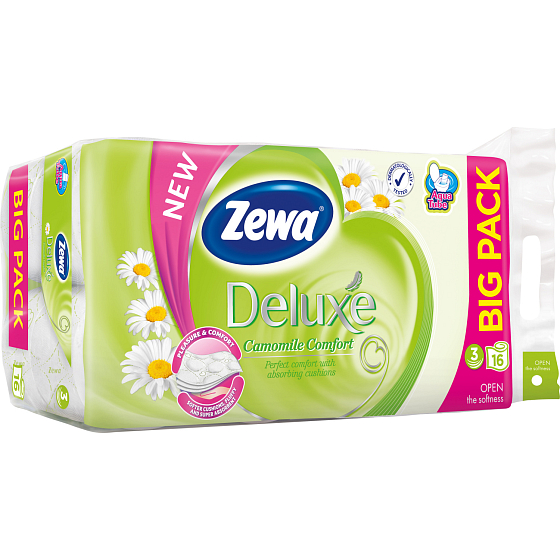 Zewa Deluxe Aqua Tube Camomile Comfort parfumovaný 3 vrstvový 150 útržkov 16 kusov, rolička, ktorú môžete spláchnuť