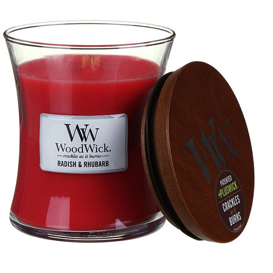 Woodwick Radish and Rhubarb - Reďkev a Rebarbora vonná sviečka s dreveným knôtom a viečkom sklo stredná 275 g