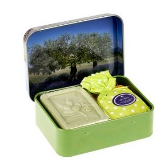 Esprit Provence Olivovník toaletné mydlo 60 g + levanduľový vonný vrecúško + plechová krabička, kozmetická sada