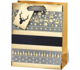 BSB Luxusná papierová darčeková taška 23 x 19 x 9 cm Vianočná zlatá so sobmi a stromčekmi VDT 445 A5