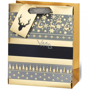 BSB Luxusná papierová darčeková taška 23 x 19 x 9 cm Vianočná zlatá so sobmi a stromčekmi VDT 445 A5