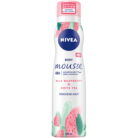 Nivea Body Mousse Wild Raspberry & White Tea hýčkajúci telová pena pre suchú pokožku 200 ml