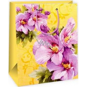 Ditipo Darčeková papierová taška 26,4 x 13,7 x 32,4 cm žltá, fialové kvety AB