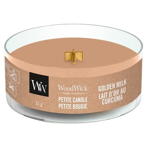 Woodwick Golden Milk - Zlaté mlieko vonná sviečka s dreveným knôtom petite 31 g