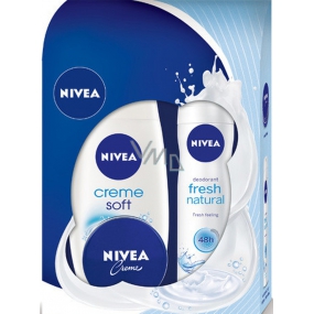 Nivea Creme Soft sprchový gél 250 ml + Fresh Natural dezodorant sprej 150 ml + intenzívny krém 30 ml, pre ženy kozmetická sada