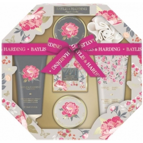 Baylis & Harding Ružová magnólie a Hruškový kvet tekuté telové mydlo 130 ml + sprchový krém 130 ml + mydlo 150 g + kryštáliky do kúpeľa 100 g + telové maslo 100 ml + masážna hubka, kozmetická sada osemhran