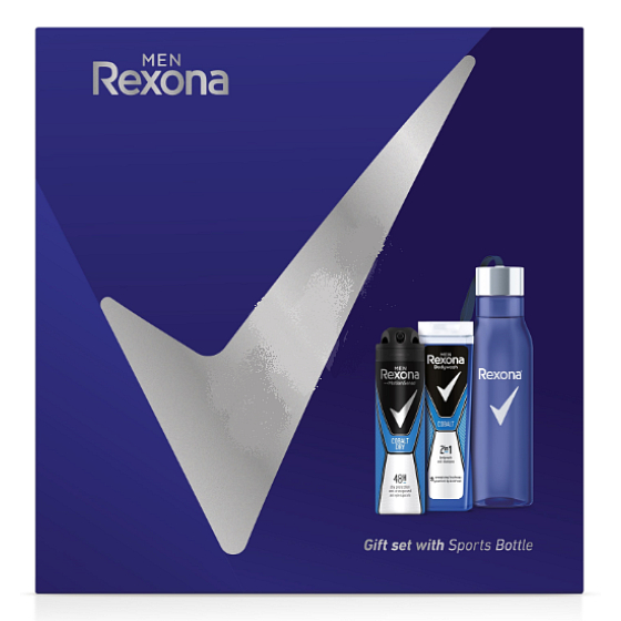 Rexona Men Cobalt 2v1 sprchový gél a šampón pre mužov 250 ml + dezodorant sprej pre mužov 150 ml + fľaša na vodu, kozmetická sada