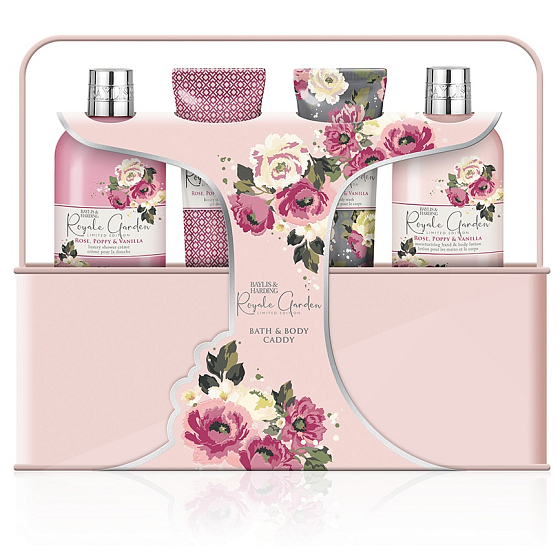 Baylis & Harding Rose, Poppy and Vanilla sprchový krém 300 ml + mlieko na ruky a telo 300 ml + prací gél 125 ml + sprchový gél 125 ml + plechová krabička, kozmetická sada pre ženy
