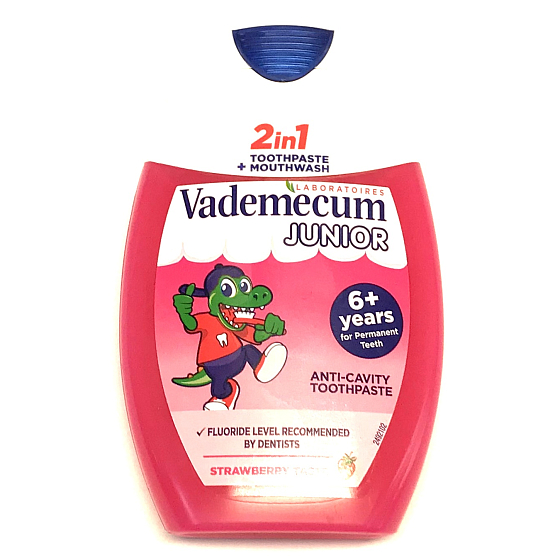 Vademecum Junior Jahoda 2v1 zubná pasta a ústna voda v jednom 75 ml