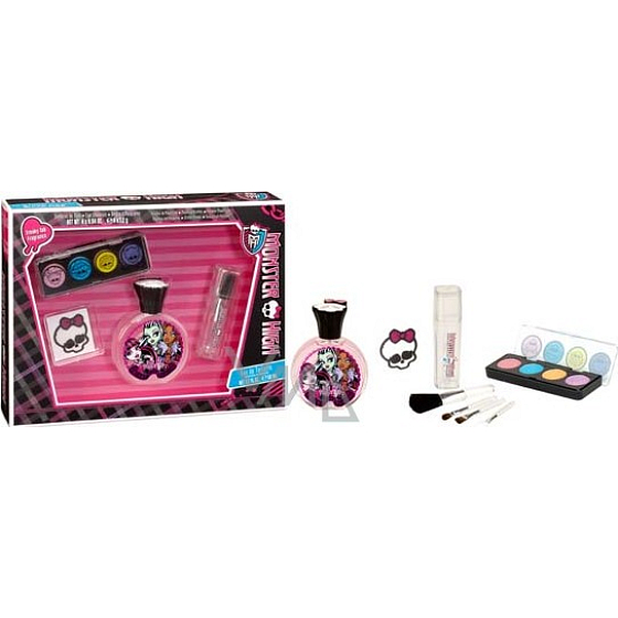 Mattel Monster High toaletná voda 50 ml + štetec 4 kusy + lesk na pery 4 x 1,2 + tetovanie 1 kus, kozmetická sada
