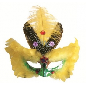 Škraboška plesová zelená so žltým perím 30 cm