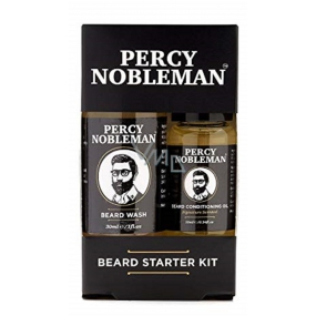 Percy Nobleman Šampón na fúzy 30 ml + vyživujúci olejový kondicionér na fúzy s vôňou Percy Nobleman 10 ml, kozmetická sada pre mužov, starostlivosť o fúzy a fúzy