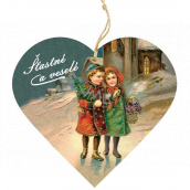 Bohemia Gifts Drevené dekoratívne srdce s potlačou Deti v kostole 12 cm