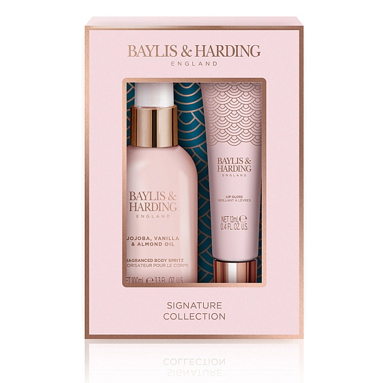 Baylis & Harding telový sprej s jojobovým, vanilkovým a mandľovým olejom 120 ml + lesk na pery 12 ml, kozmetická sada pre ženy