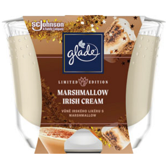 Sviečka Glade Marshmallow Irish Cream s vôňou írskeho likéru a marshmallow v skle, čas horenia až 52 hodín 224 g