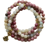 108 Mala amazonit + rodonit + lotosový náhrdelník meditačné šperky, prírodný kameň, guľôčka 6 mm