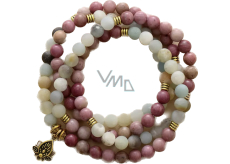 108 Mala amazonit + rodonit + lotosový náhrdelník meditačné šperky, prírodný kameň, guľôčka 6 mm