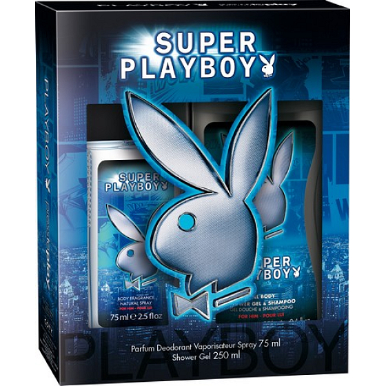Playboy Super playboy for Him parfumovaný dezodorant sklo pre mužov 75 ml + sprchový gél 250 ml, kozmetická sada