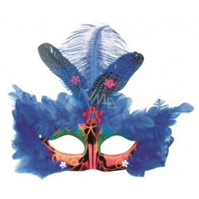 Škraboška plesová červená s modrým perím 30 cm