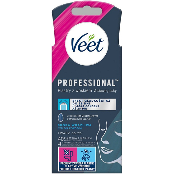 Veet Professional Obličej depilačné voskové pásky pre citlivú pokožku 40 kusov