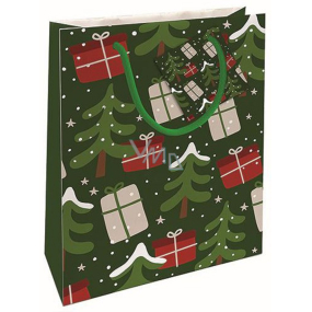 Nekupto Darčeková papierová taška 23 x 18 x 10 cm Vianočné stromčeky zelená