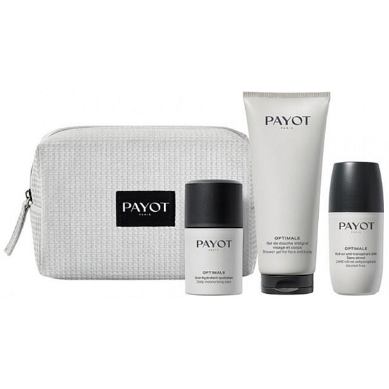 Payot Optimale Soin Hydratant Quotidien hydratačný gélový krém 50 ml + Gel de Douche Intégral sprchový gél na telo a vlasy 200 ml + Roll-on anti-transpirant 24H deodorant roll-on 75 ml + kozmetická taška, kozmetická sada pre mužov 2023