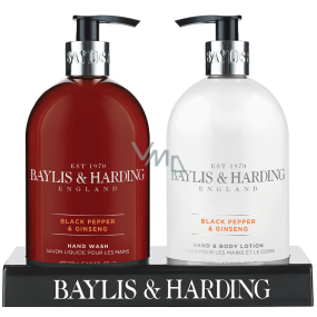 Baylis & Harding Men Čierne korenie a ženšen tekuté mydlo 500 ml + mlieko na ruky a telo 500 ml, kozmetická sada pre mužov
