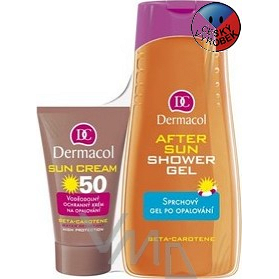 Dermacol Sun SPF50 vodeodolný ochranný krém na opaľovanie 50 ml + sprchový gél 250 ml, kozmetická sada