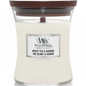 Woodwick White Tea & Jasmin - Biely čaj a jazmín vonná sviečka s dreveným knôtom a viečkom sklo malá 85 g