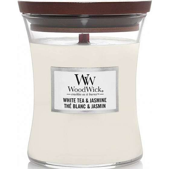 Woodwick White Tea & Jasmin - Biely čaj a jazmín vonná sviečka s dreveným knôtom a viečkom sklo malá 85 g