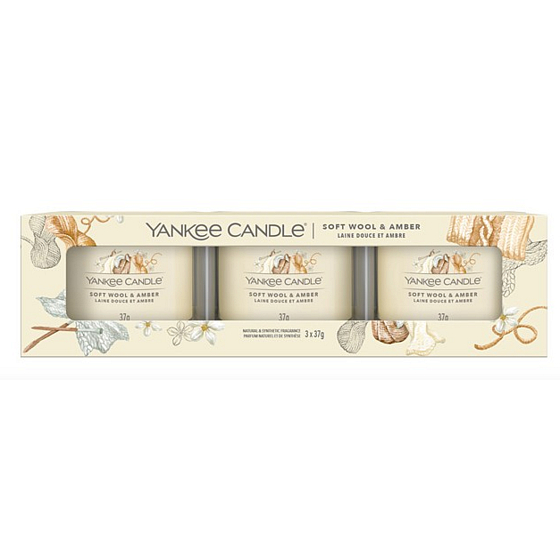 Yankee Candle Soft Wool & Amber - Votivná sviečka s vôňou jemnej vlny a jantáru v skle 3 x 37 g, darčeková sada