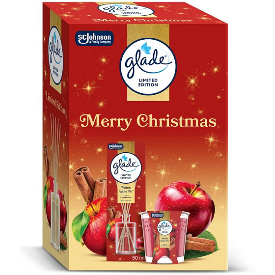 Glade Merry Christmas Warm Apple Pie jablko a škorica vonné tyčinky a vonná svíčka 50 ml + 112 g, darčeková sada