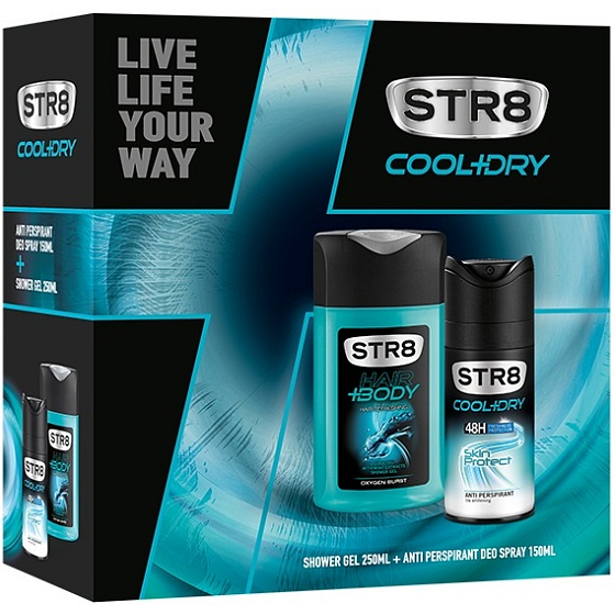 Str8 Cool + Dry Skin Protect 48h antiperspirant deodorant sprej pre mužov 150 ml + Oxygen Burst sprchový gél 250 ml, kozmetická sada