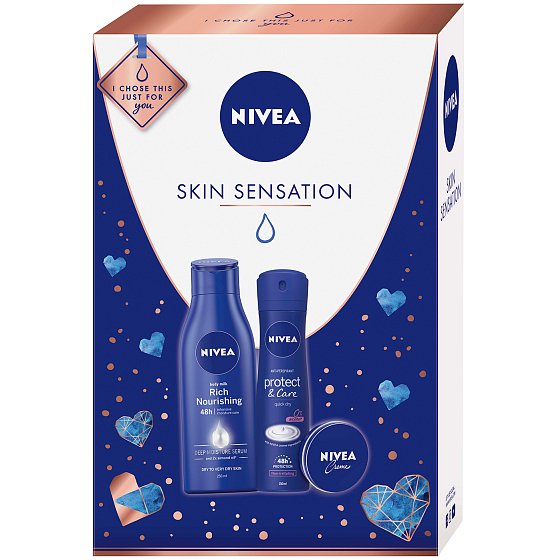 Nivea Skin Sensation výživné telové mlieko pre ženy 250 ml + Protect & Care antiperspirant sprej pre ženy 150 ml + krém 30 ml, kozmetická sada