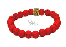 Láva jasne červená s kráľovskou mantrou Om, náramok z elastického prírodného kameňa, korálik 8 mm / 16-17 cm, zrodený zo štyroch živlov