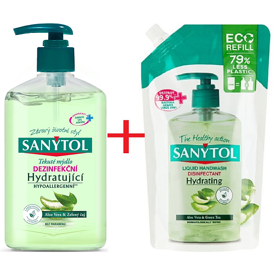Sanytol Dezinfekčné mydlo na ruky so zeleným čajom a aloe vera, 250 ml dávkovač + 500 ml náplň, duopack