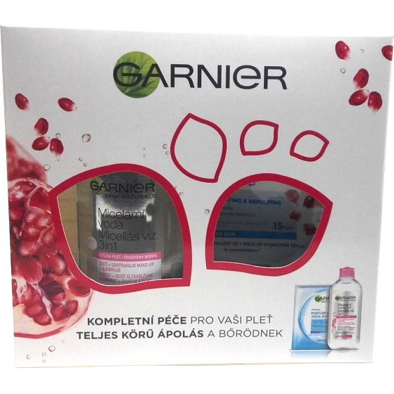 Garnier Skin Naturals micelárna voda 3v1 pre citlivú pleť 400 ml + Moisture + Aqua Bomb superhydratační vypĺňajúci textilné pleťová maska 32 g, kozmetická sada