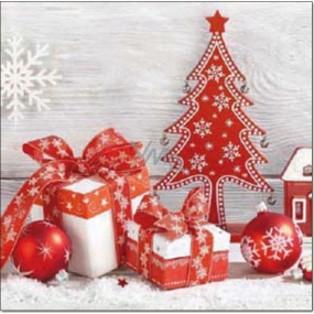 Aha Papierové obrúsky 3 vrstvové 33 x 33 cm 20 kusov Vianočný Červený stromček, mašle a ozdoby