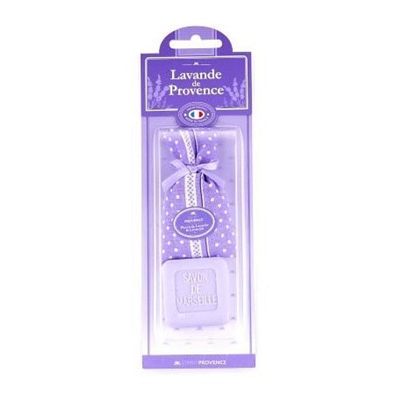Esprit Provence Levanduľové toaletné mydlo 25 g + vrecko s levanduľovou vôňou a bodkami, kozmetická sada pre ženy